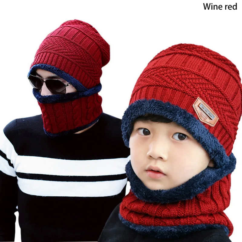 wine red OEAK/Зимний комплект из 2 предметов, Шапочка-шарф, теплая вязаная Толстая шерстяная Кепка с подкладкой, шарф для мужчин и женщин, новая мода года - Цвет: wine red