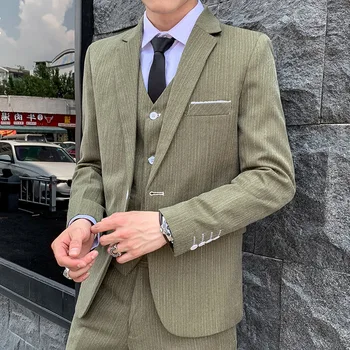 

BOBO 2020 Men Simple Leisure Suit Youth-Style One-Button Vertical Striped Suit Three Pieces