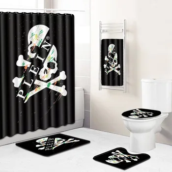 

New Skull Bathroom 180X180CM Shower Curtain 70X140CM Bath Towel Mat Five-Piece Set Toilet Toilet Carpet Mats Set Bathroom