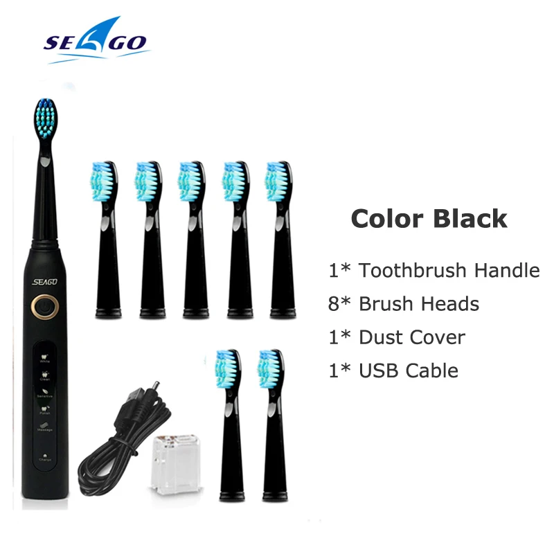 SG Black 8 Heads Звуковая электрическая зубная щетка для взрослых, перезаряжаемая электрическая зубная щетка, умный таймер, отбеливающая щетка для зубов, Массажная резинка, полностью водонепроницаемая - Цвет: SG Black 8 Heads
