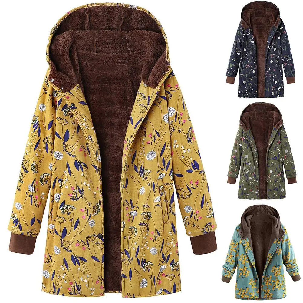 floral print hooded long sleeve pockets vintage coat