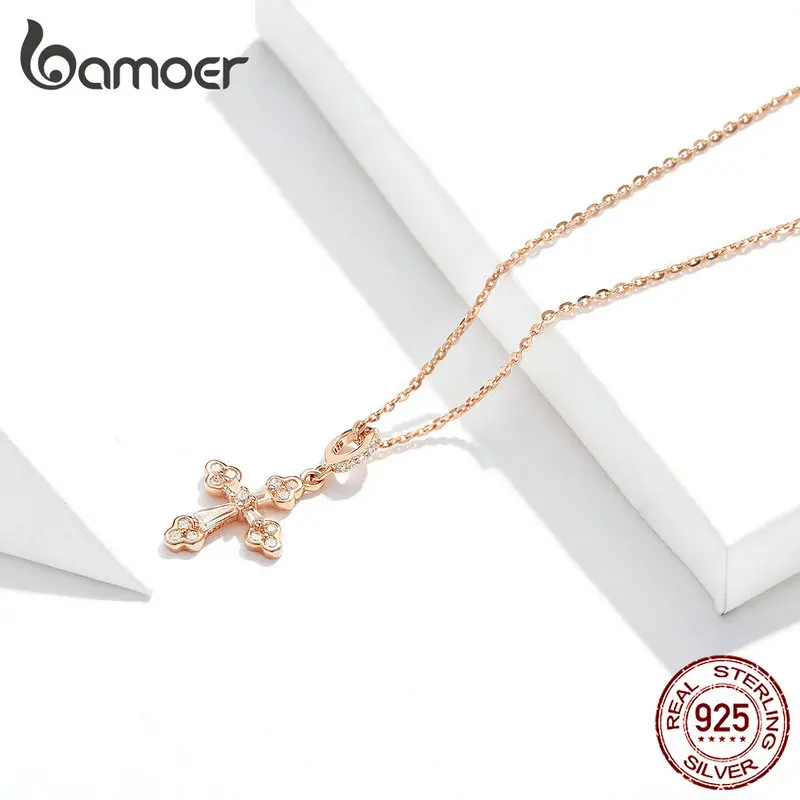 Bamoer, настоящее 925 пробы, серебряное ожерелье с подвеской, розовое, золотое, готический крест, ожерелье для женщин, хорошее ювелирное изделие, 45 см, GAN139