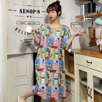 

Caiyier Cartoon Cat And Mouse Print Nightdress Women Summer Short Sleeve Sleepwear O-Neck Nightwear Girls Casual Sleepshirts