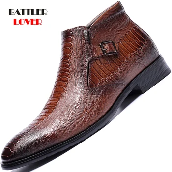 

Men Crocodile Leather Dress Shoes Zipper Side Business Oxfords for Male Formal Business Classic Winter Fleece Warm Footwear