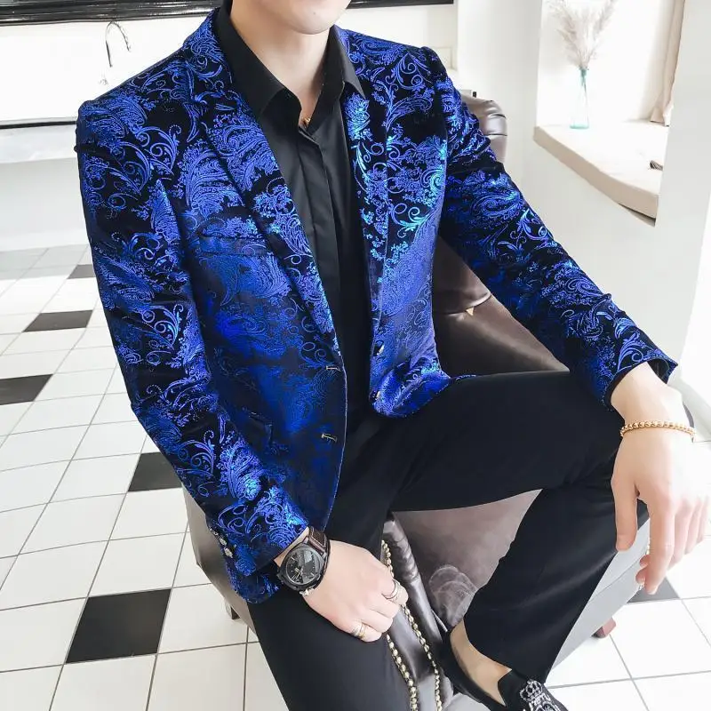 

2 Button Blue Velvet Luxury Paisley Flower Pattern Fancy Blazer Men Terno Masculino Plus Size 5xl Suit Jacket