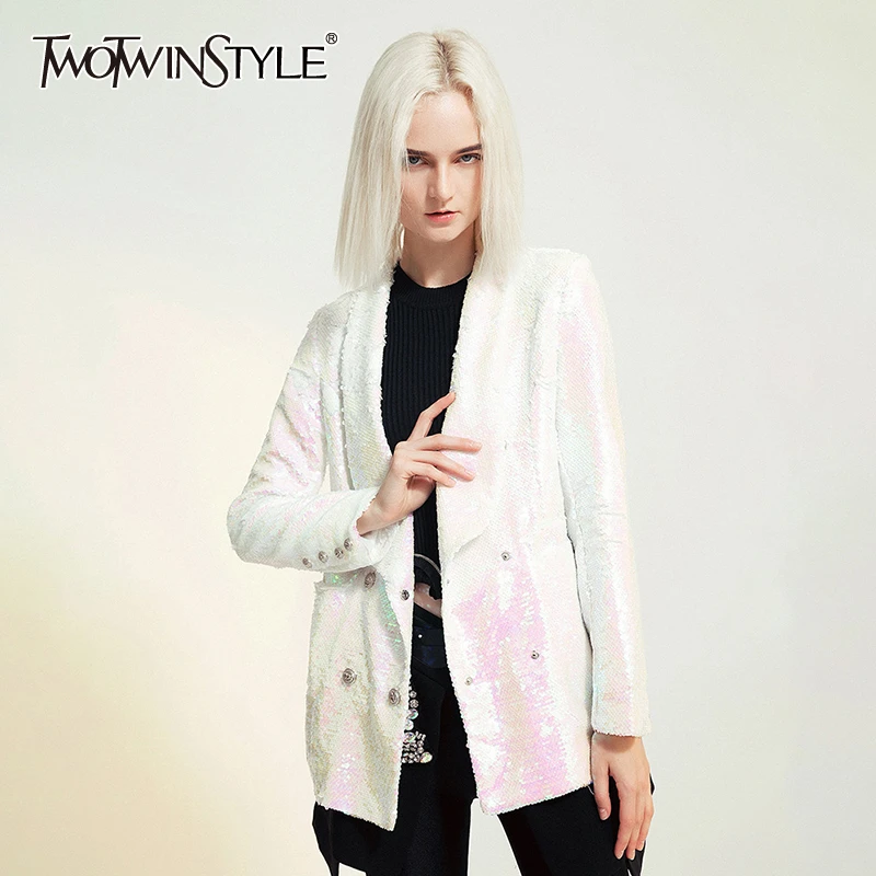 TWOTWINSTYLE лоскутный блейзер с блестками для женщин воротник лацканами длинный