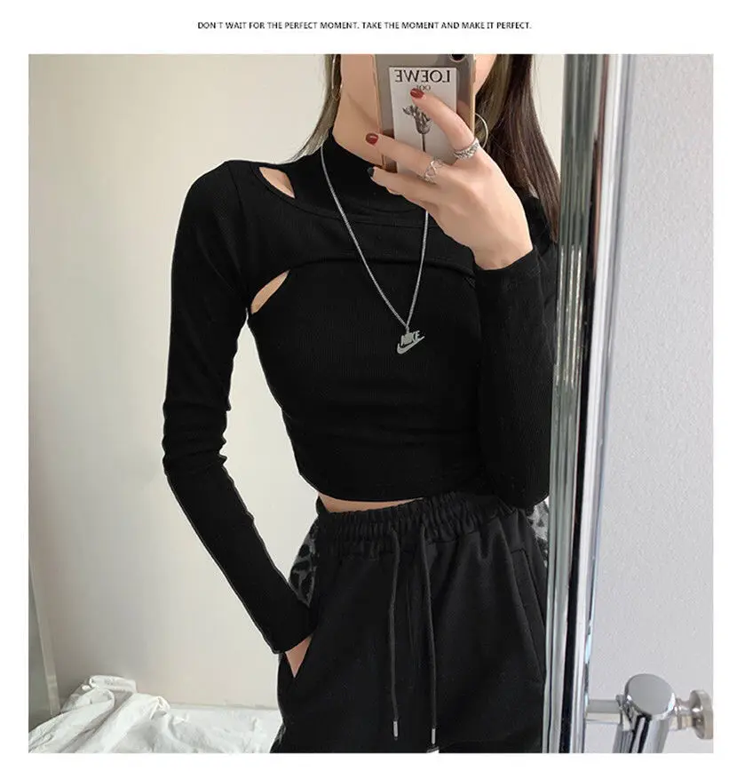 Hollow Knitted Crop Tops Women New Fitness Fake Two-piece T-shirt Female Black White Long Sleeve Tops vintage tees