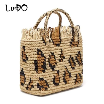

Handmade Crochet Woven Shoulder Bag Ladies Leopard Round Straw Beach Bag Raffia Circle Rattan Basket Summer Vacation Casual Bag
