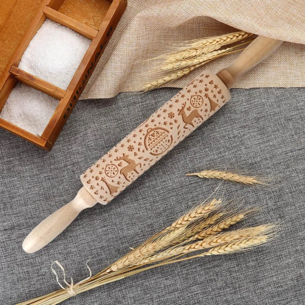 Рождественская Скалка Деревянная Рождественская Выгравированная резная тисненая скалка для теста палочка для выпечки кухонный инструмент для выпечки#35
