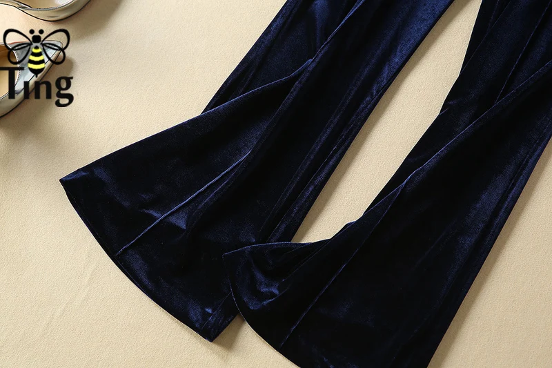 Tingfly Дизайнер Знаменитости зима осень Королевский синий бархатный костюм наборы леди офисная работа бархатное пальто+ полные брюки женский комплект из 2 предметов