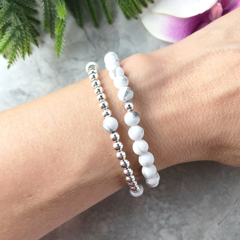 Ruberthen 6 мм Белый Howlite и серебряный бисерный браслет набор тревога рельефный браслет целебные кристаллы Мала Браслет