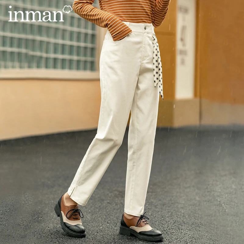 INMAN 2020 Autumn Winter New Arrival Simple Medium Waist Solid Color Stretch Cotton Casual Pants Towel Decorative Women Trousers INMAN 2020 Autumn Winter New Arrival Simple Medium Waist Solid Color Stretch Cotton Casual Pants Towel Decorative Women Trousers