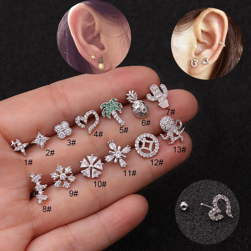 

1 PC Tree Snowflake Heart Stainless Steel Tragus Stud Conch Earring Cubic Zirconia Tragus Daith Helix Lobe Piercing Jewelry