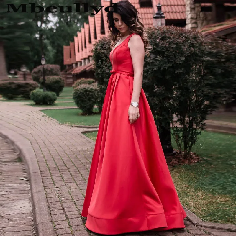 

Mbcullyd Red Satin Long Prom Dresses 2023 Sexy V Neck Formal Evening Party Gowns For Women Plus Size vestidos de fiesta de noche