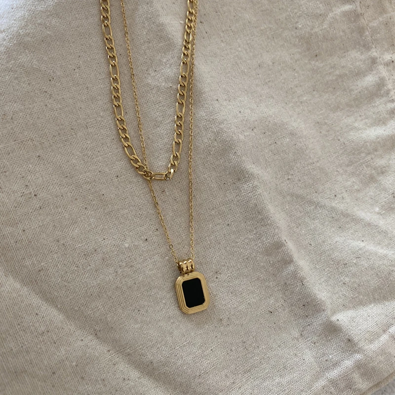 Peri'sBox Double Layered Square Black Shell Necklaces Flat Figaro Chain Necklaces for Women Vintage Titanium Steel Necklace - Image 4
