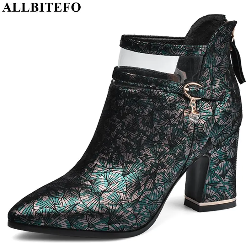 

ALLBITEFO Autumn Winter women boots Copper coin printing genuine leather Elegant ankle boots comfortable for women fashion boots
