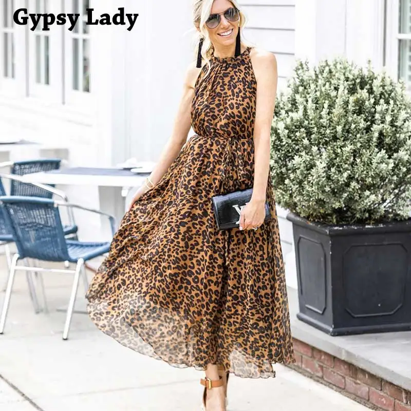 Gypsylady Cheetah Summer Dress Round Neck Sleeveless Boho Leopard Print Self Tied Women 2020 Holiday Party | Женская одежда