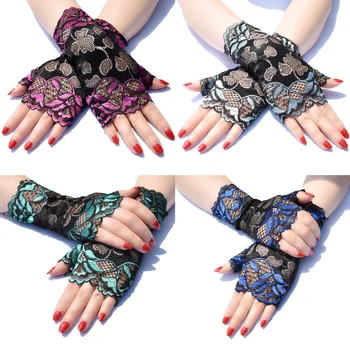 

Short summer thin section two-color lace sun protection half-finger gloves female riding UV protection dance performance gloves