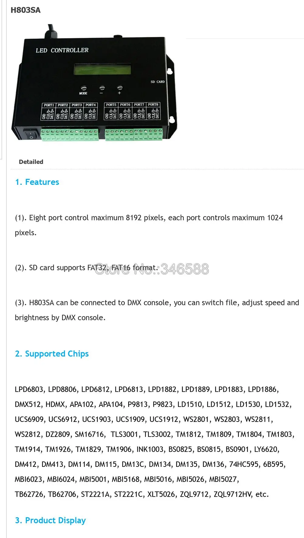 H803SA 8 портов в автономном режиме/Автономный/карта памяти заполнена, Цвет контроллер пикселей 8192 Пиксели Поддержка DMX консоль LPD6803 WS2811 WS2812 и т. д