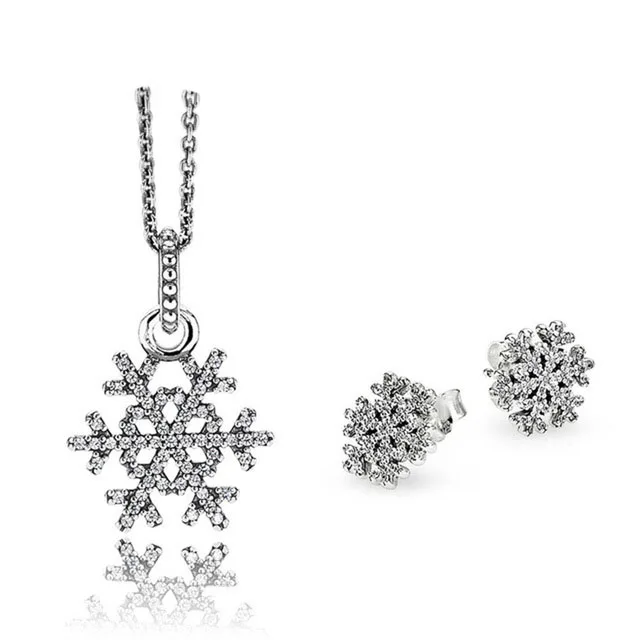 

100% 925 Sterling Silver 1:1 Genuine Shiny Snowflake Earrings Pendant Necklace Charm Jewelry Set