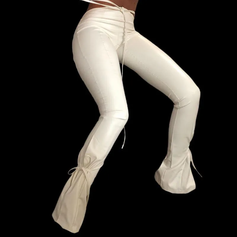 

OrangeA Women High Waist Bandage Y2K Leather Pants Side Split Lace Up Chic PU Streetwear Harajuku Slim Autumn Winter Trousers