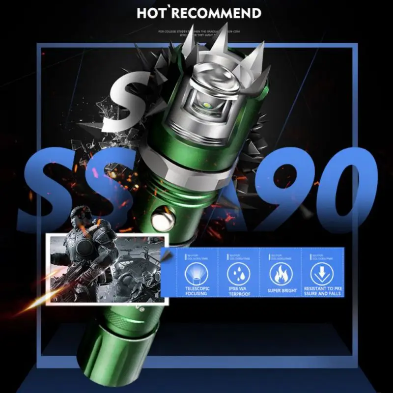 

LED Flashlight Super Bright Telescopic Focusing IPX6 Waterproof Rechargeable Aluminium Alloy Torch Lamp Outdoor Lighting Tool.