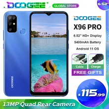 Doogee x96 pro telefone móvel octa-core 13mp quad câmera 5400mah bateria 6.52 hd hd + tela 4gb ram 64gb rom android 11.0 smartphone