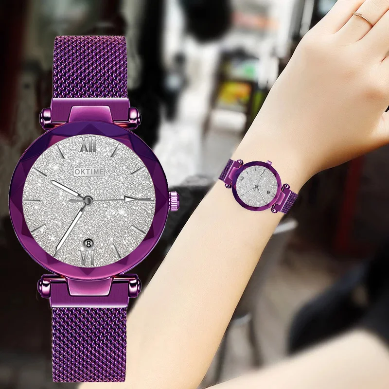 

Women Quartz Watch Starry Round Dial Wrist Watch with Magnetic Strap for Business Travel AIC88