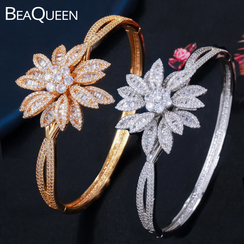 BeaQueen Блестящий AAA+ кубический цирконий большой 3D геометрический цветок кокосовой пальмы массивные браслеты для женщин Дубай золотые украшения B180