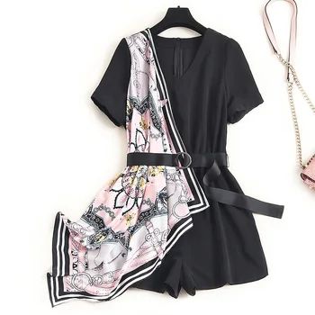

Women girls patchwork rompers and playsuit summer 2020 short sleeve satin floral print scarf patchwork tracksuit