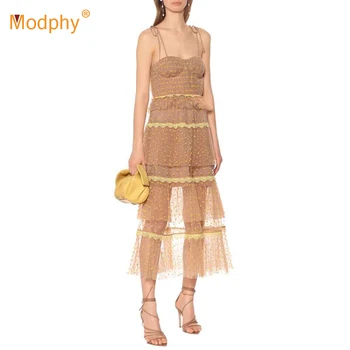 

2020 Fashion New Party Mesh Stitching Lace Strapless Dress Women Sexy Sleeveless Ruffled Spaghetti Midi Long Dress Female