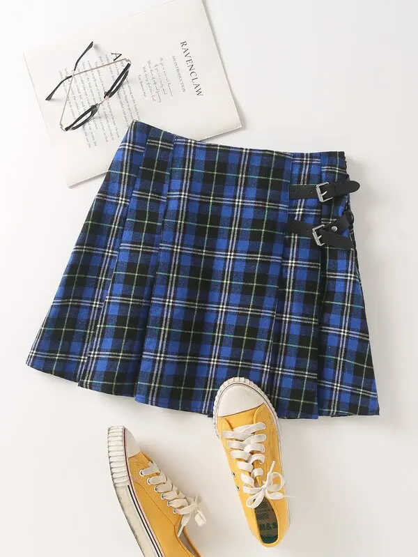 

2020 New Plaid Pleated Skirt Preppy Style Tartan Belt Buckle Japanese School Kawaii Saia Harajuku Mini Cute Skirts