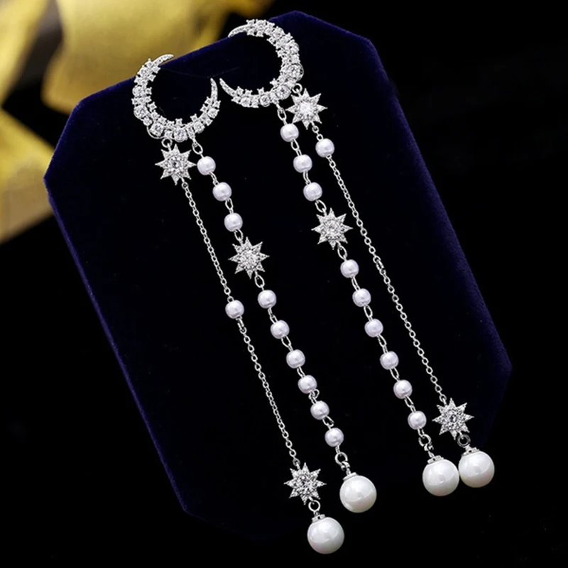 

Original Silver Tassel Earrings for Women Moon Stud Earrings for Girl Dangle Earrings for Bridal Wedding Jewelry