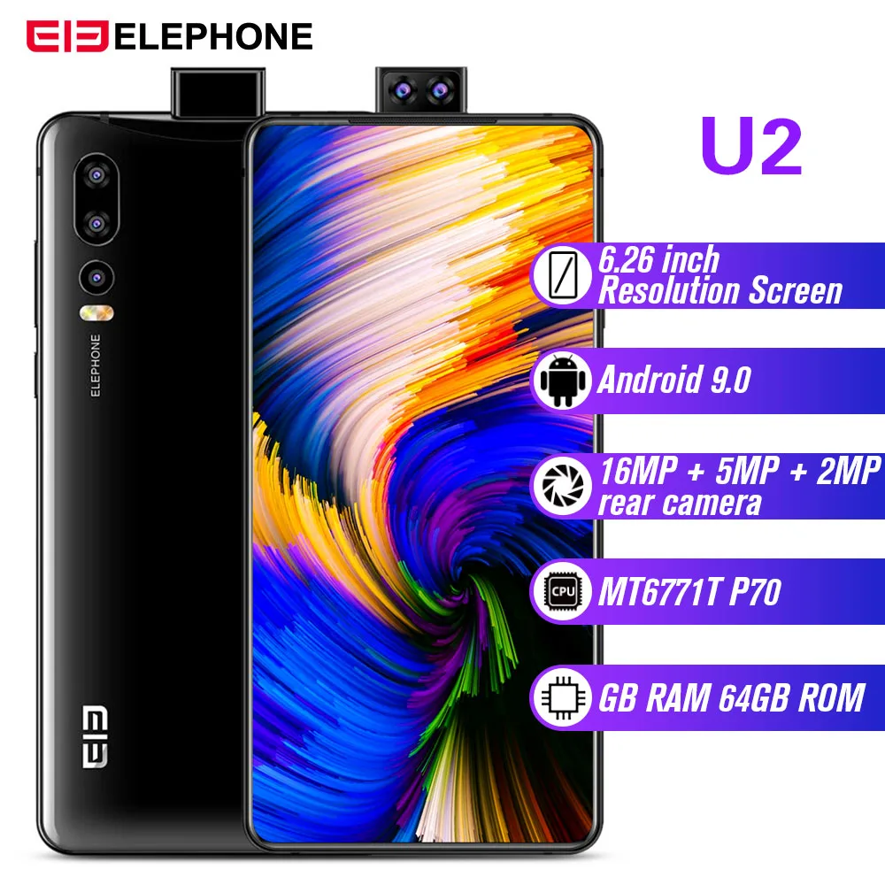  In Stock ELEPHONE U2 4G Smartphone 6.26 inch Android 9.0 4GB 64GB 16MP 5MP 2MP Rear Cameras Type-C 