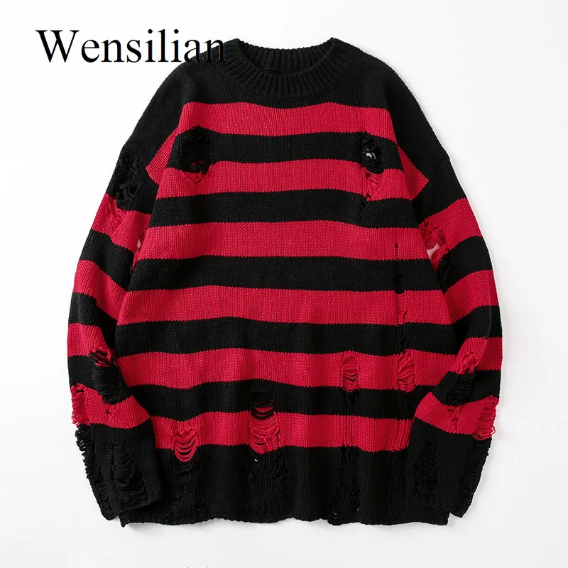 

Black Red Striped Sweater Women Harajuku Hole Destroyed Ripped Sweater Pullovers Female Autumn Casual Loose Oversized Sweatshirt