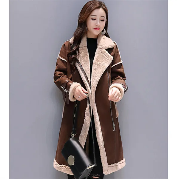 caramel colour RUGOD, замшевое пальто для женщин, отложной воротник, на молнии, уплотненное, длинное, стильное, свободное, женская зимняя куртка, новинка, зимнее, модное, Женское пальто - Цвет: caramel colour