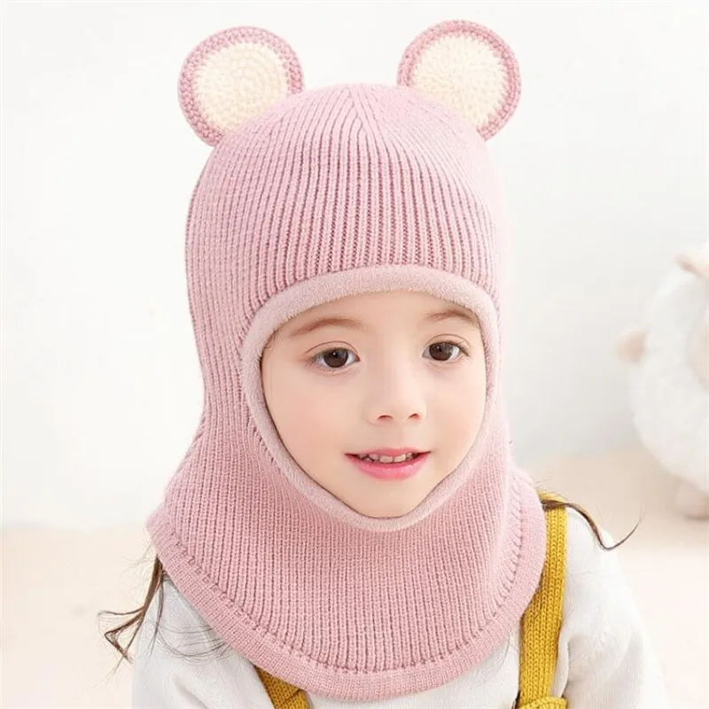Розовый Kid Hat And Scarf Child Knit Short Plush Hooded Scarf Winter Warm Protection Ear Cap Circulal Scarves Girl Boy Accessories - Цвет: Розовый