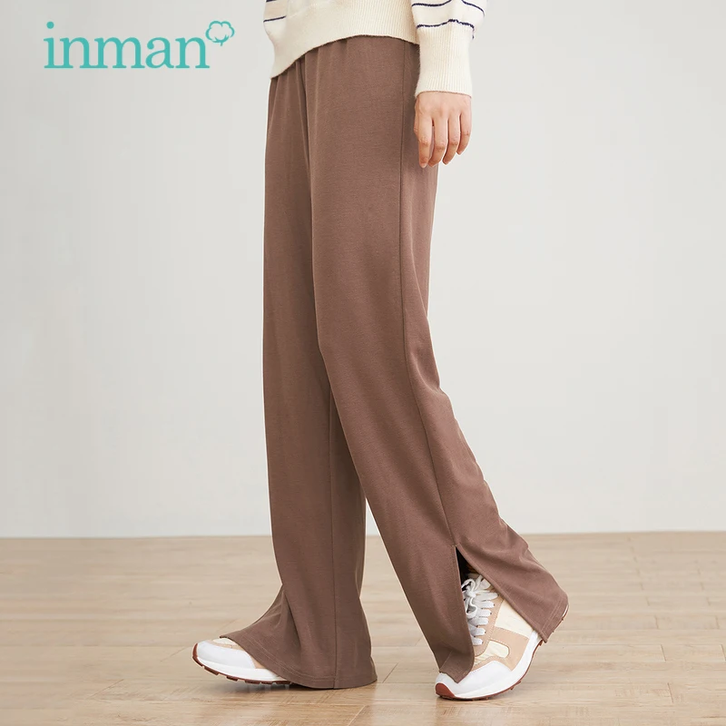 

INMAN Women's Casual Pants Spring Autumn Minimalist Elastic Tether Waist Hem Slit Design Pure Color Loose All-match Trousers