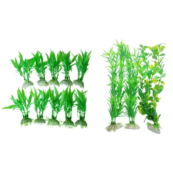 

13 Pcs Aquarium Fish Tank Yellow Green Plastic Artificial Plants 13.8inch Height & 1.8inch