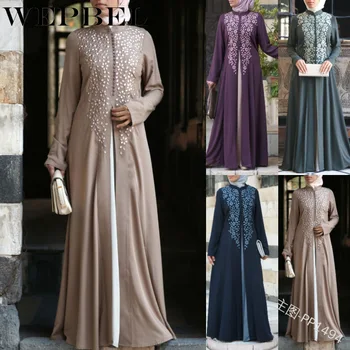 

WEPBEL Autumn Printed Fake Two Pieces Dress Gowns Women Indie Folk Loose Full Regular Sleeve Floor-Length Empire Stand Collar