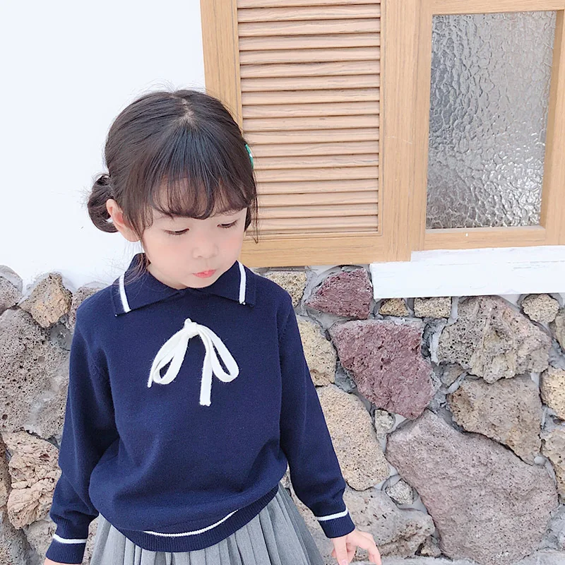 

2019 Spring Clothing New Style Children College Style Sweater Baby Pullover White Fold-down Collar Sweater Children Korean-style