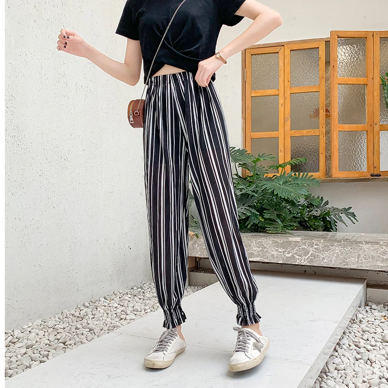 

loose chiffon pants fall /spring pants stripe girl pants preppy style