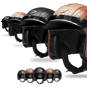 

3/4 Vintage PU leather Helmets Mask Detachable Goggles for Open Face Motorcycle Half Helmet black brown Visor Motorcycle Helmet