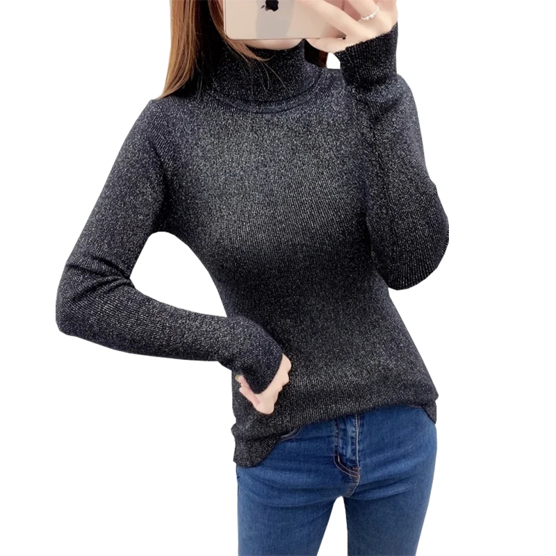

gkfnmt Turtleneck Sweater Women Knitting Chic Pullovers Shiny Lurex Basic Sweater Woman Casual Jumper Slim Tops Gray Black White