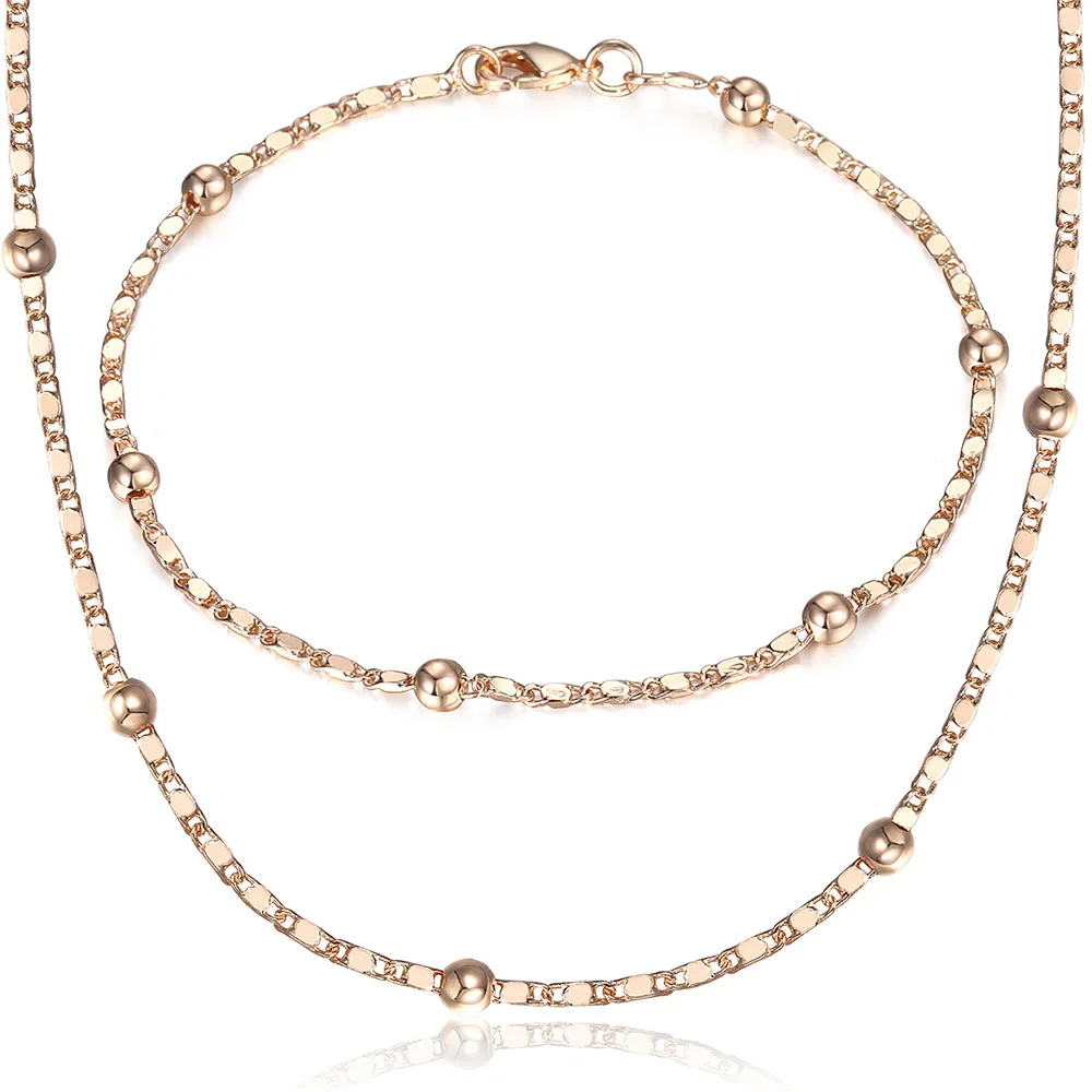 Thin 585 Rose Gold Jewelry Set for Women Marina Bead Link Chain Bracelet Necklace Set Woman Party Wedding Jewelry Gifts CS09