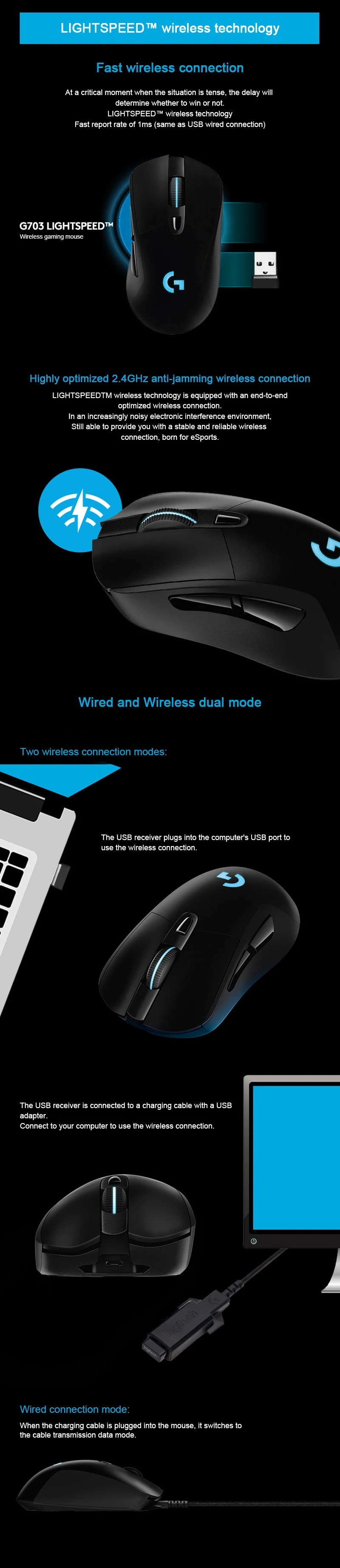 Logitech G703 движущегося со скоростью света женская одежда Беспроводной игровой Мышь PMW3366 Сенсор 12000 точек/дюйм для игровая мышь компьютерных игр