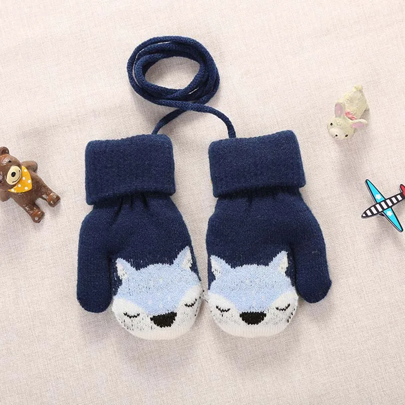 Children winter gloves Cute Cartoon Fox Thicken Warm Gloves Knitted Wool Kids Boys Girls Finger Mittens handschoenen - Цвет: navy blue