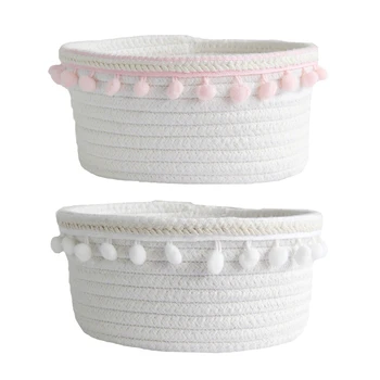

2Pcs Ball Cotton Rope Woven Storage Basket Desktop Cosmetics Storage Basket Nordic Style Debris Storage Box Pink & White