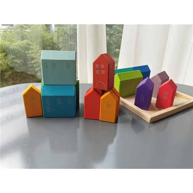 Babay Rainbow Wood Toy Montessori Building House Wooden Stacking Moon  Pastel Cubic Mosaic Butterfly Blocks Flower Brick 5