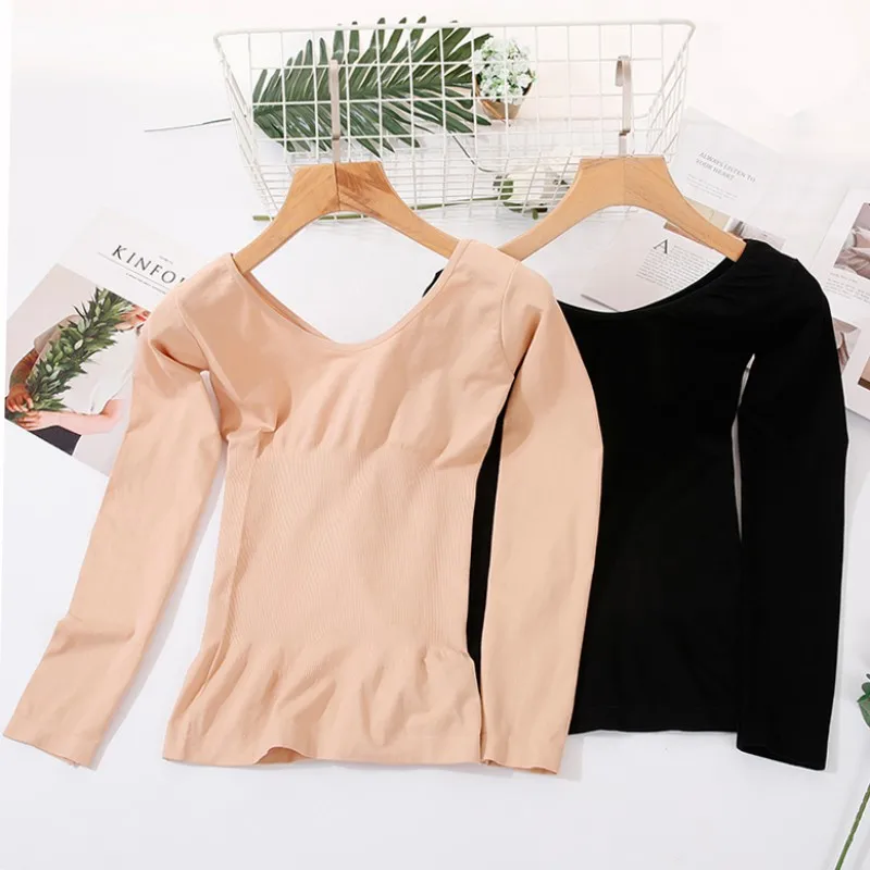 

Autumn Winter Base T-shirt Thin Section Solid Color V-neck Seamless Body Long-sleeved Thermal Underwear